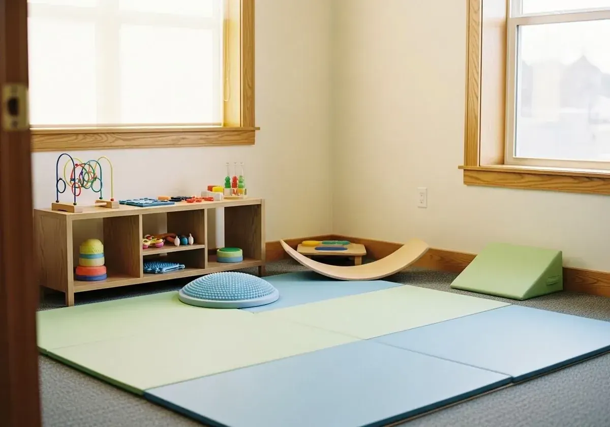 Jasna sala terapeutyczna z matami i pomocami sensorycznymi — regularne zajęcia